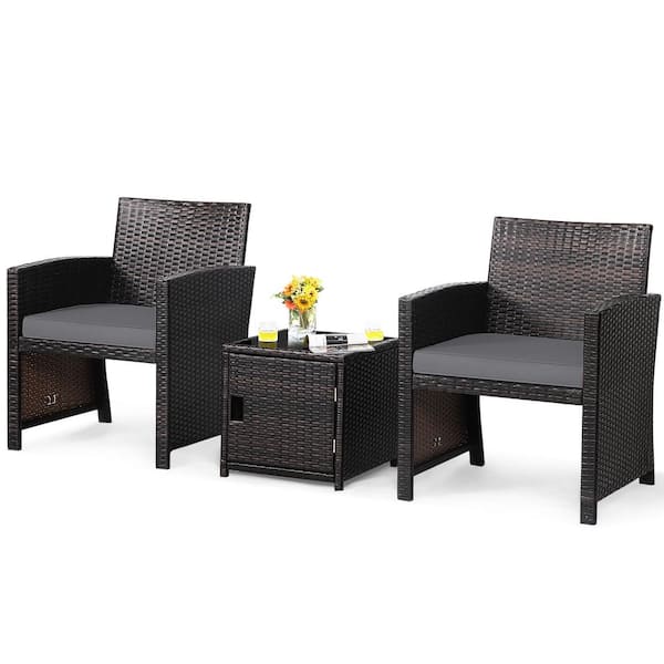 Costway 3-Piece Patio Wicker Furniture Set Storage Table with Protect Cover Gray