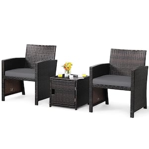 3-Piece Patio Wicker Furniture Set Storage Table with Protect Cover Gray