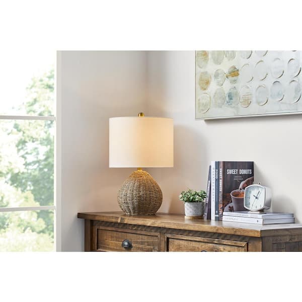Glenwood 20 in. Round Brown/Brass Gold Rattan Table Lamp