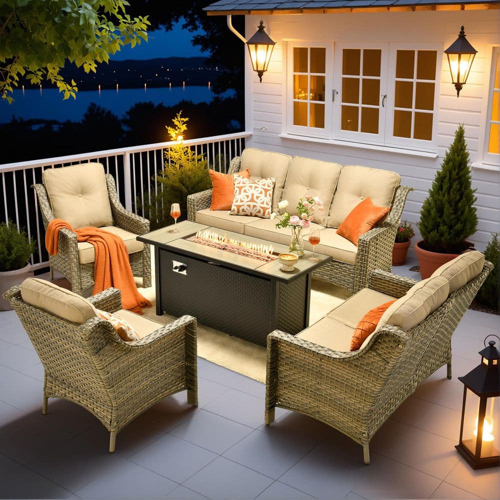 Cherry 5-Piece Wicker Outdoor Fire Pit Furniture Patio Conversation Sofa Set with a Loveseat and Beige Cushions price history on PriceWatchPro
