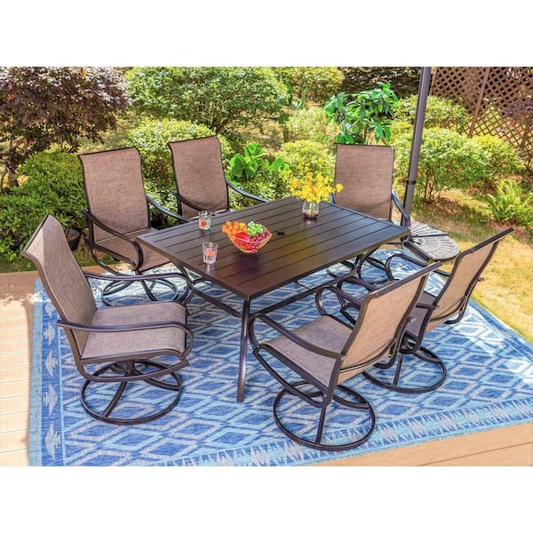 Black 7-Piece Metal Rectangle Patio Outdoor Dining Set with Slat Table and Textilene Swivel Chairs
