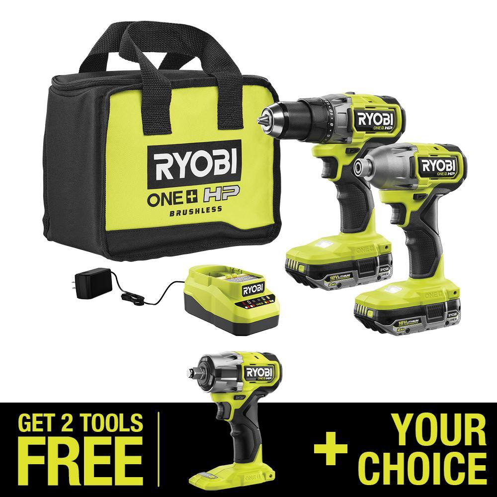 RYOBI ONE+ HP 18V Brushless Cordless 2-Tool Combo Kit w/(2) 2.0 Ah Batteries, Charger, Bag, and 1/2 in. 4 Mode Impact Wrench -  PBLCK01KPSBIW25
