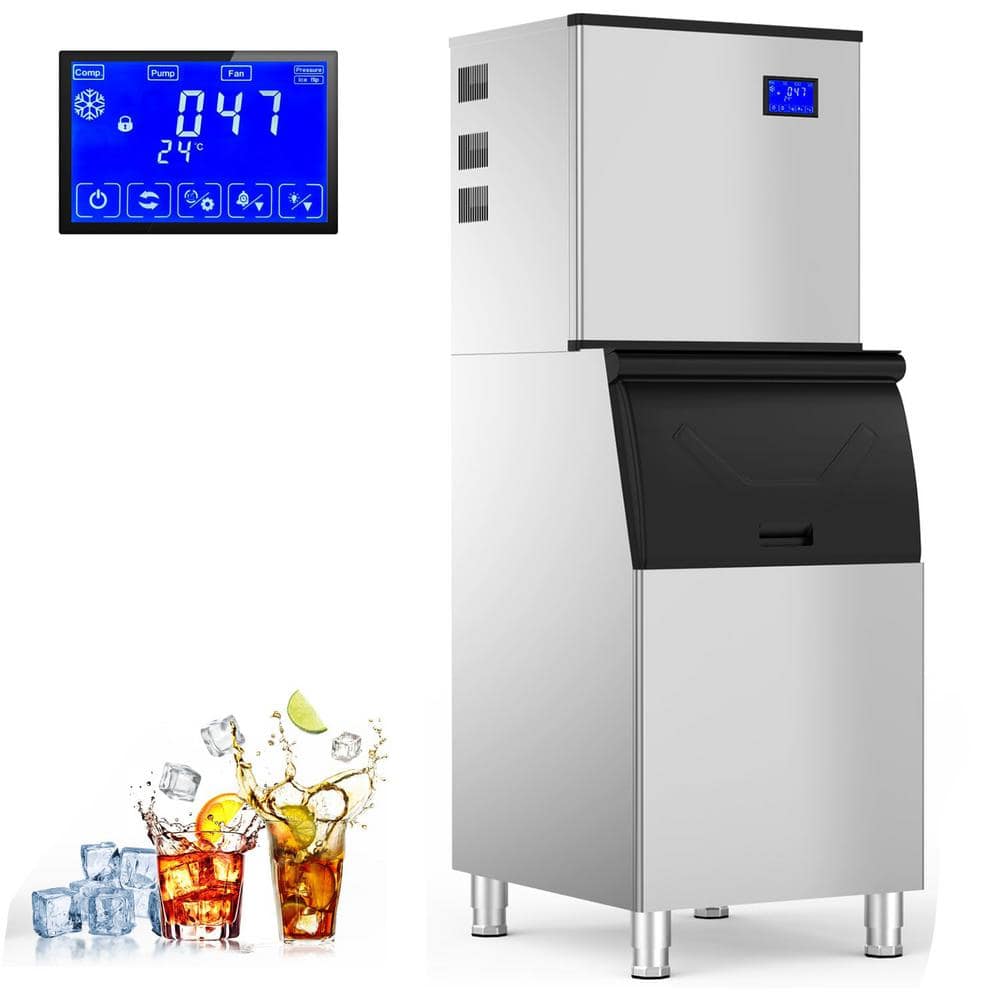 SOZT 33 in. 480 lbs./24H Half Size Cube Freestanding Commercial Ice Maker with 300 lbs. Large Storage Bin in Stainless Steel