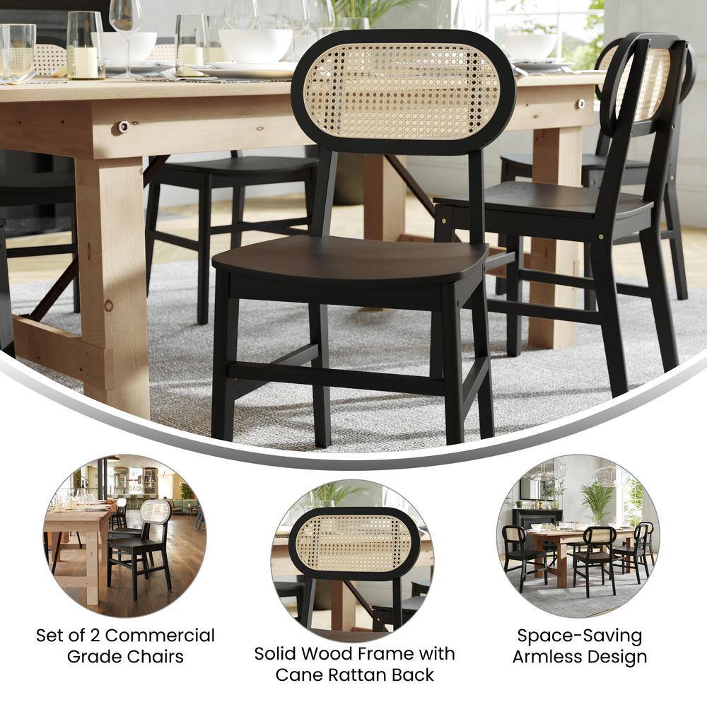 Black Wood and Cane High Back Dining Chairs, Set of 2