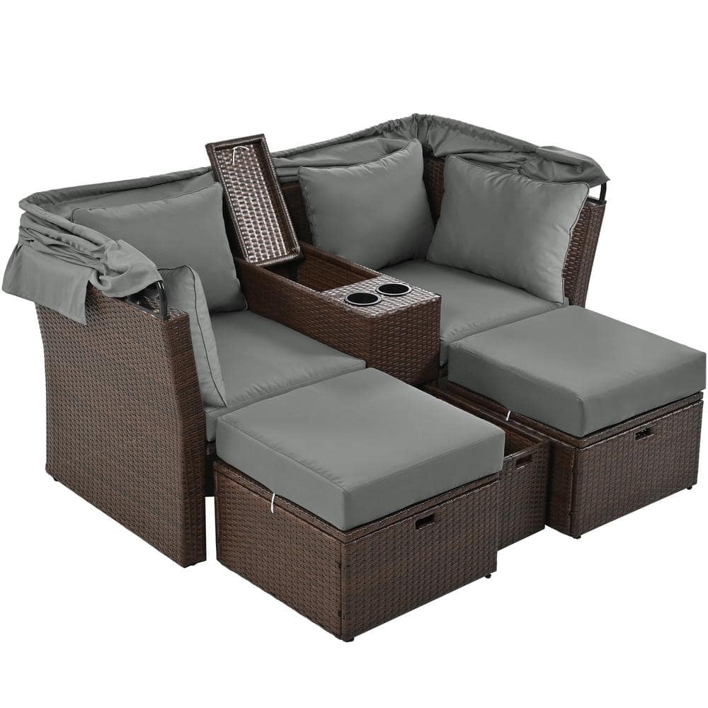Brown 2-Seater Rattan Wicker Outdoor Double Day Bed Loveseat Sofa Set with Gray Foldable Awning and Cushions price history on PriceWatchPro
