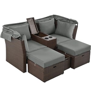 Brown 2-Seater Rattan Wicker Outdoor Double Day Bed Loveseat Sofa Set with Gray Foldable Awning and Cushions