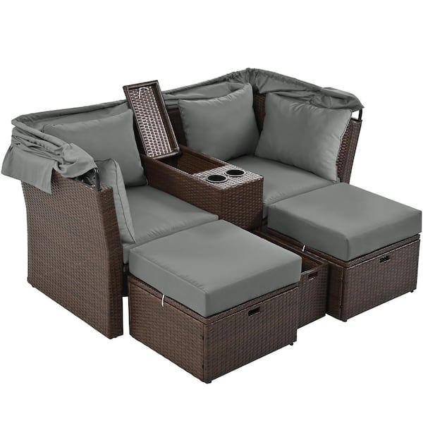 Zeus & Ruta Brown 2-Seater Rattan Wicker Outdoor Double Day Bed Loveseat Sofa Set with Gray Foldable Awning and Cushions