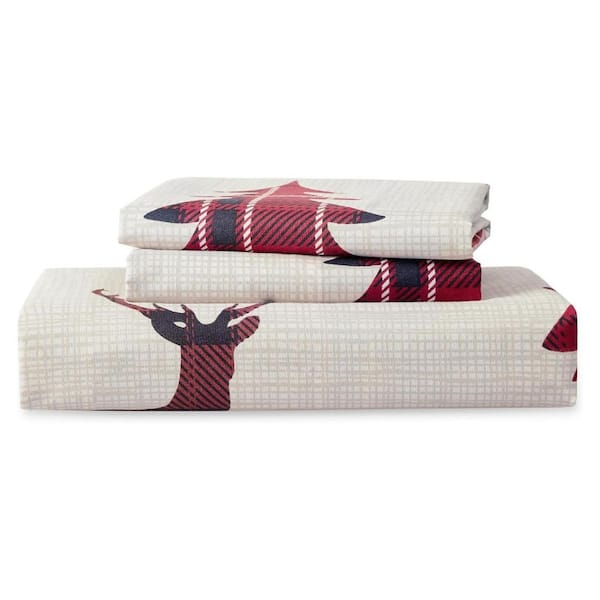 Christmas 3-Piece Red ＆ White Reindeer Ultra-Soft Polyester King Duvet Cover Set, Reversible Buffalo Check Plaid