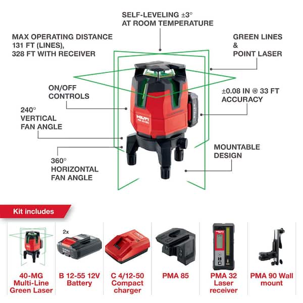 PM 40-MG 12-Volt Multi-Line Green Laser 328 ft. with Receiver, Wall Mount, Adapter, Batties and Charger