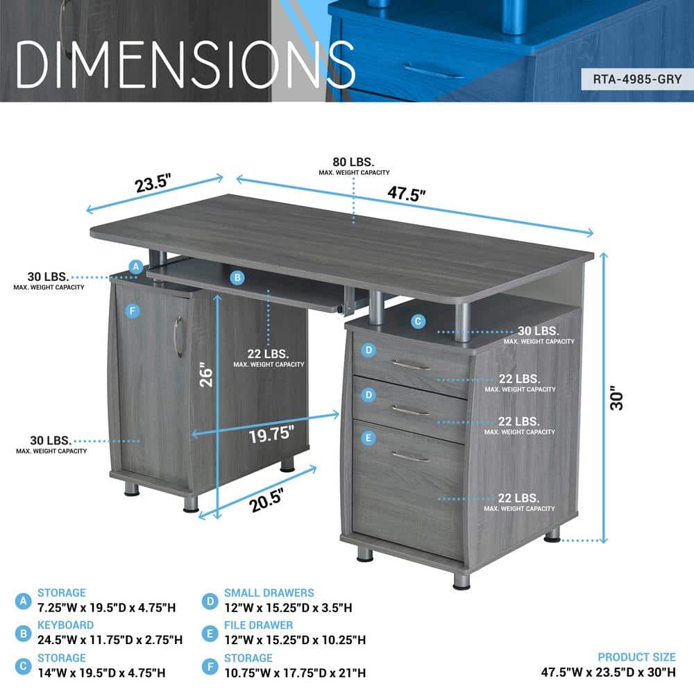 Gray Rectangular Workstation Desk with Storage and Keyboard Tray
