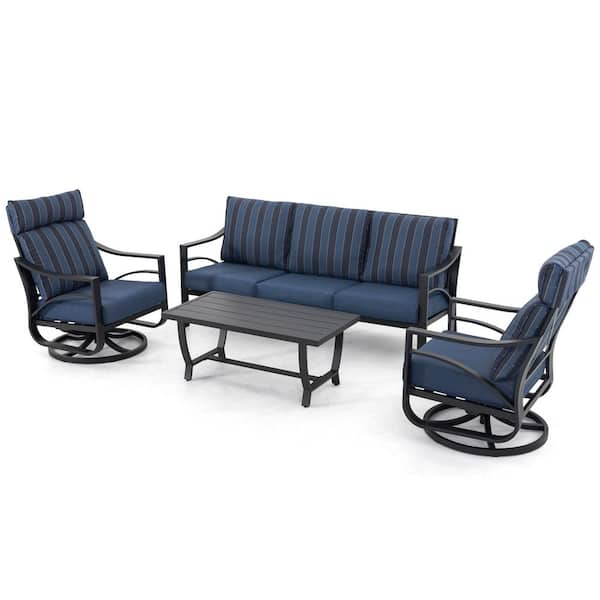 Black 4-Piece Sofa Set with High-Back Sofa Chairs and 5.2 in. Zippered Blue Stripe Cushions