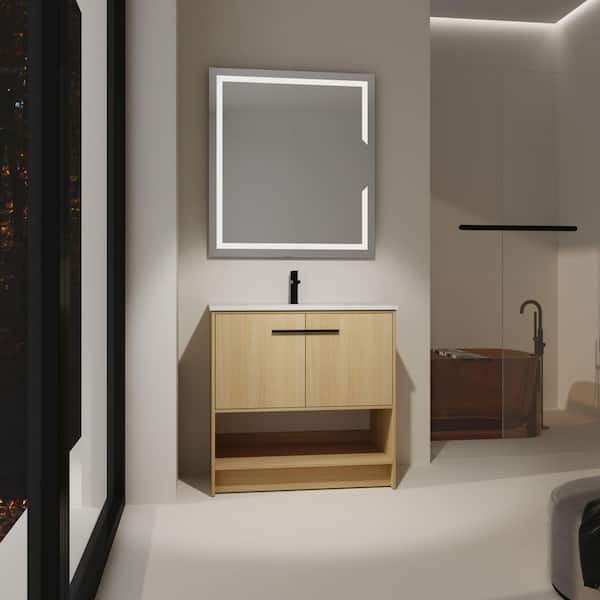 36 in. Single Sink Freestanding Oak Bath Vanity with White Ceramic Top Open Shelf and Door Storage Cabinet Unassembled
