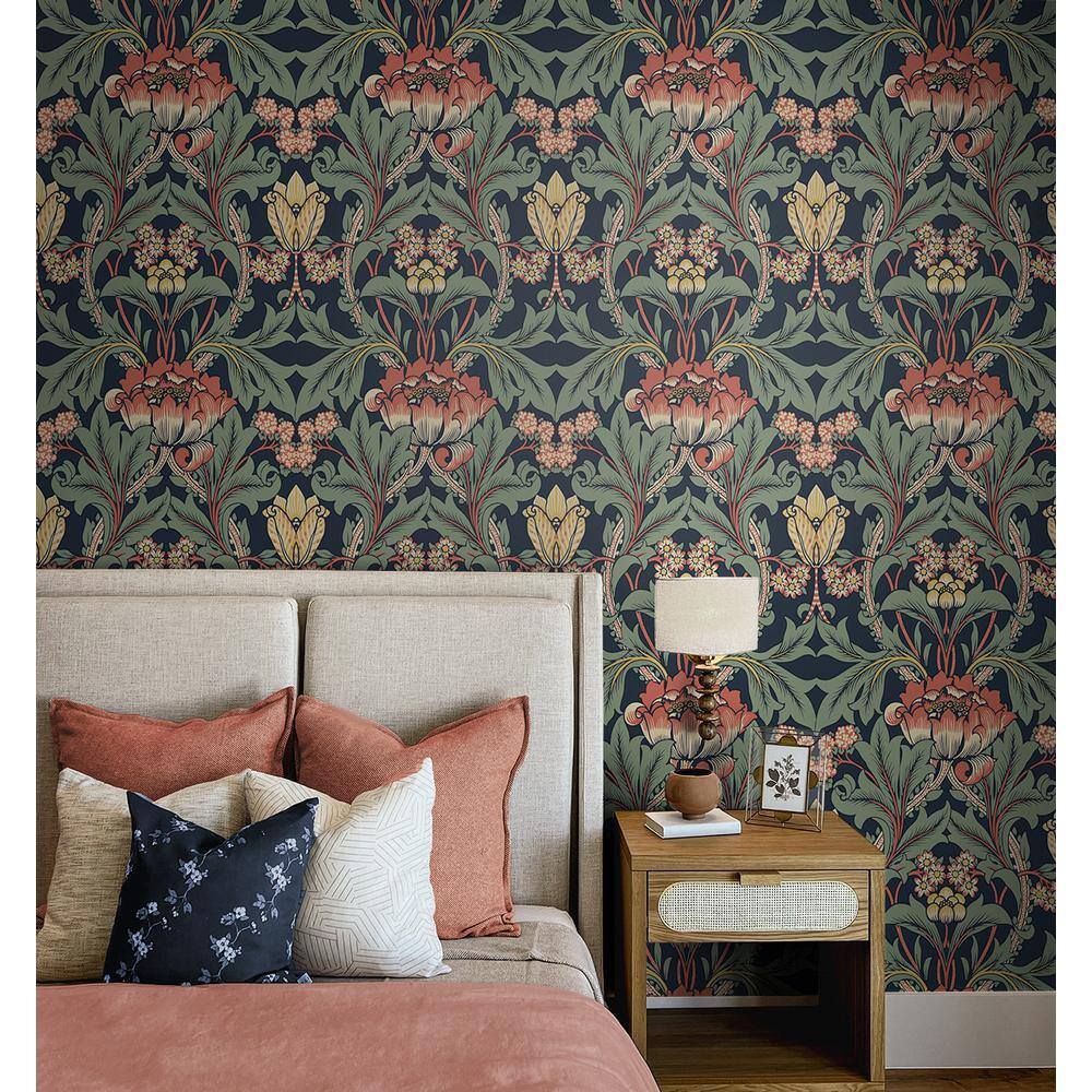 Denim Blue and Auburn Floral Peel and Stick Wallpaper