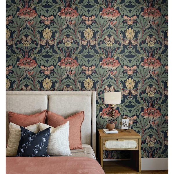 31.35 sq. ft. Denim Blue and Auburn Primrose Floral Vinyl Peel and Stick Wallpaper Roll