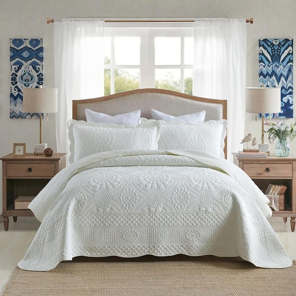 MarCielo TF52 Premium White Embroidery Queen Size Cotton Lightweight Quilt Bedspread Set