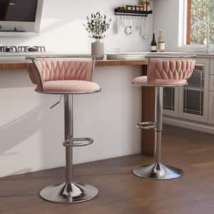 38.7 in. Swivel Adjustable Height Low Back Silver Metal Frame Bar Stool with Pink Velvet Seat Cushion (set of 2)