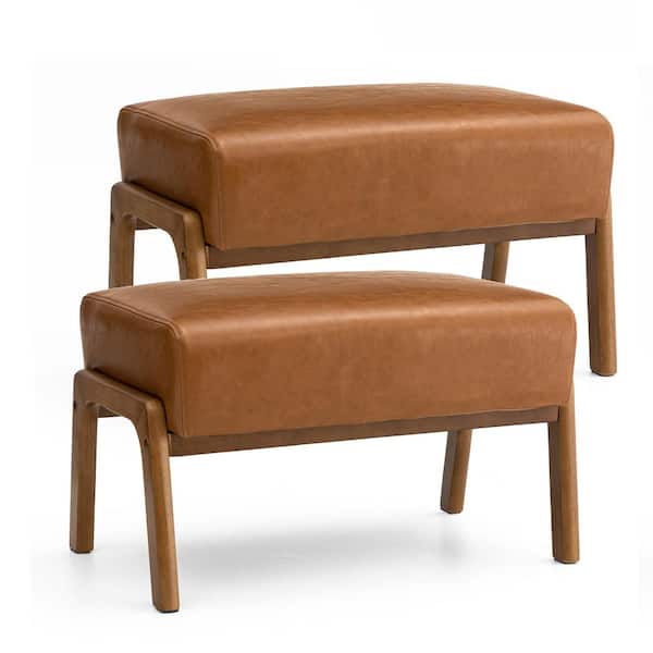 Glitzhome Mid-Century Modern Yellowish-Brown Leatherette Accent Stool with Walnut Rubberwood Legs (Set of 2)