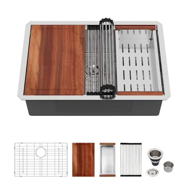 27 in. Undermount Workstation Sink Single Bowl 16-Gauge Brushed Stainless Steel Kitchen Sink with Accessories