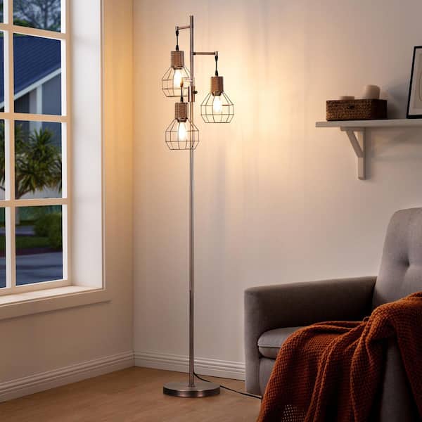 EDISHINE 65 in. Red Bronze Industrial 3-Light Standard Smart Dimmable Floor Lamp for Living Room with 3 LED Edison Bulbs