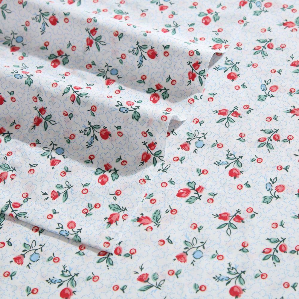 Twin White Floral Cotton Percale Sheet Set
