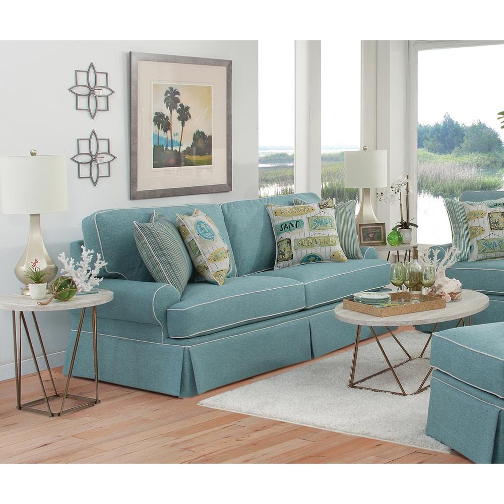 Aqua Linen Round Arm Sofa with Coastal Pillows
