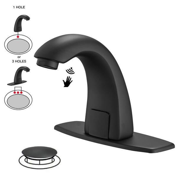 BWE DC Powered Commercial Touchless Single Hole Bathroom Faucet With Deck Plate & Pop Up Drain In Matte Black