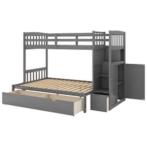Gray Twin Over Twin/Full Bunk Bed Fram with Staircase and Drawers,Bunk Bed with Convertible Bottom Bed and Storage Shelf