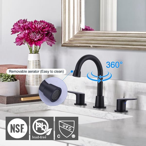 8 in. Widespread Double Handle High Arc Bathroom Sink Faucet with Pop-up Drain Kit in Matte Black