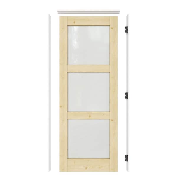 ARK DESIGN 28 in. x 80 in. 3-Lite Frosted Glass Left Solid Core Pine Glass Single Prehung Interior Door with Quick Assemble Jamb