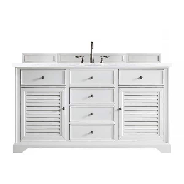 James Martin Vanities Savannah 60 in. W x 23.5 in.D x 34.3 in.H Single Bath Vanity in Bright White with Solid Surface Top in Arctic Fall