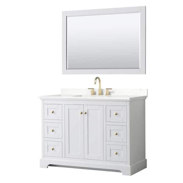 Wyndham Collection Avery 48 in. W x 22 in. D x 35 in. H Single Bath Vanity in White with Giotto Quartz Top and 46 in. Mirror
