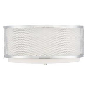 14.75 in. W x 6.25 in. H 3-Light Polished Nickel Flush Mount Ceiling Light with White Fabric Shade and Metal Mesh Frame