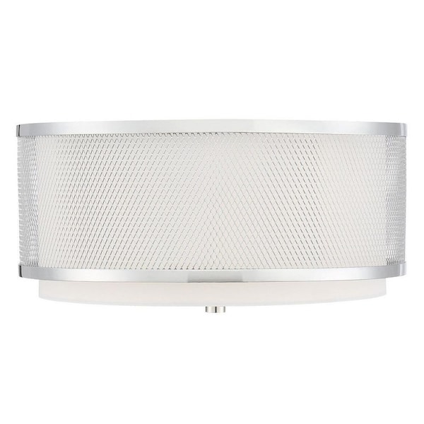 TUXEDO PARK LIGHTING 14.75 in. W x 6.25 in. H 3-Light Polished Nickel Flush Mount Ceiling Light with White Fabric Shade and Metal Mesh Frame