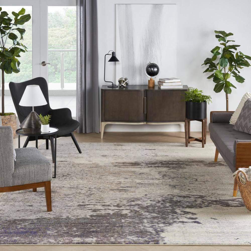 Ivory and Grey Abstract Hand-knotted Round Rug