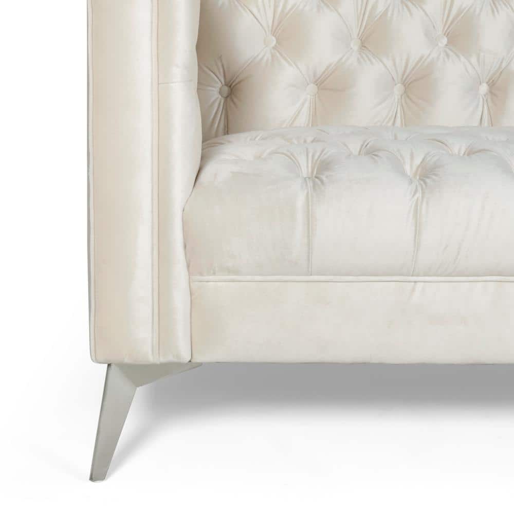 Beige Velvet Tufted Tuxedo 3-Seater Sofa with Wood Frame