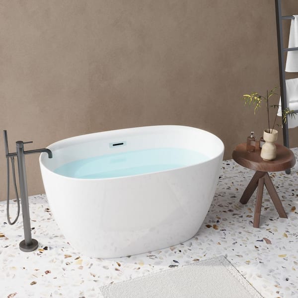 Acrylic Flat Bottom Soaking Oval Bathtub with Pop-Up Drain in White 47 in. x 28 in.