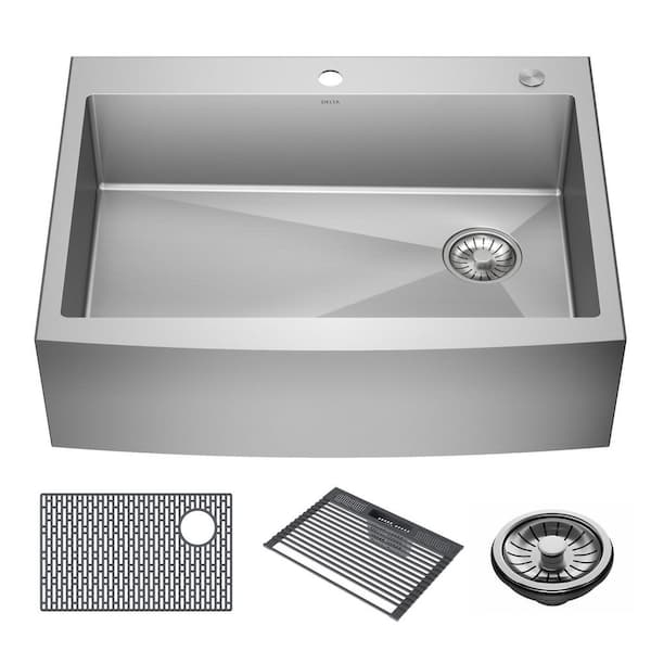 Delta Lenta 16 Gauge Stainless Steel 30 in Single Bowl Farmhouse Apron Front Kitchen Sink with Accessories