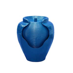 17 in. Waterfall Tall Round Blue Vase Fountain w/Ridges Indoor- Outdoor Fountain, Lawn and Garden, Jar Fountain