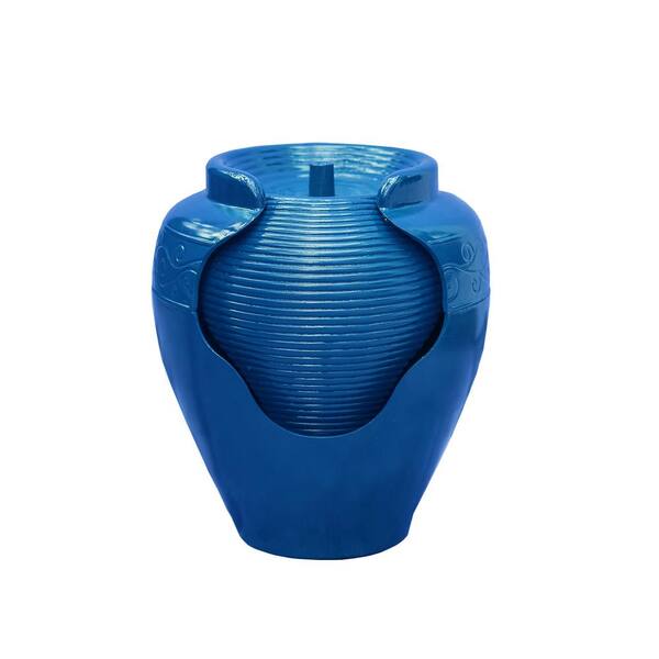 XBRAND 17 in. Waterfall Tall Round Blue Vase Fountain w/Ridges Indoor- Outdoor Fountain, Lawn and Garden, Jar Fountain