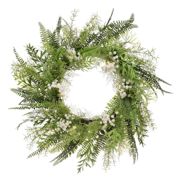 Puleo International 24 in. Artificial Babysbreath Floral Spring Wreath with Green Leaves