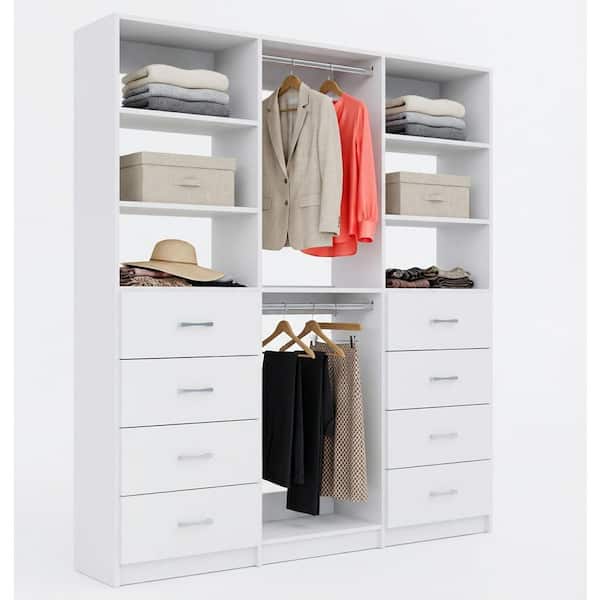 Alto Collection 73.5 in. W White Tower System 2 4-Drawer and Double Hang 13-Shelf Wood Closet System