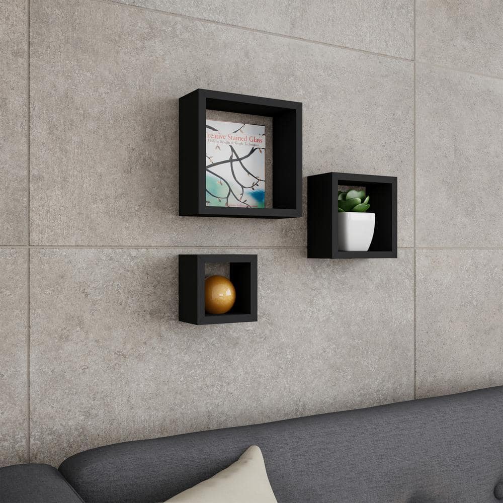 Black Wood Floating Cube Wall Shelf Set with Hidden Brackets