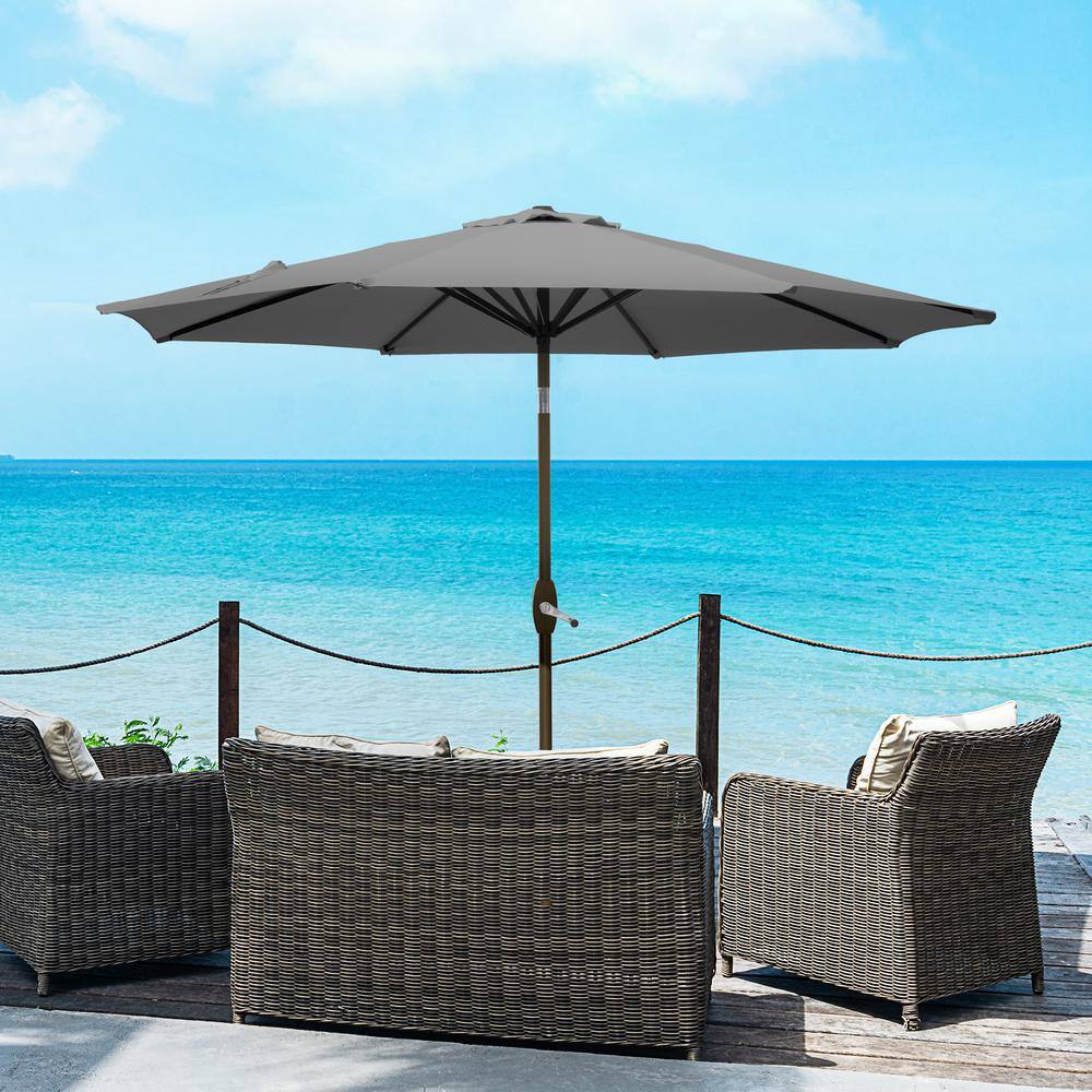 Gray and White Striped 9 Ft Steel Patio Umbrella with Tilt and Crank
