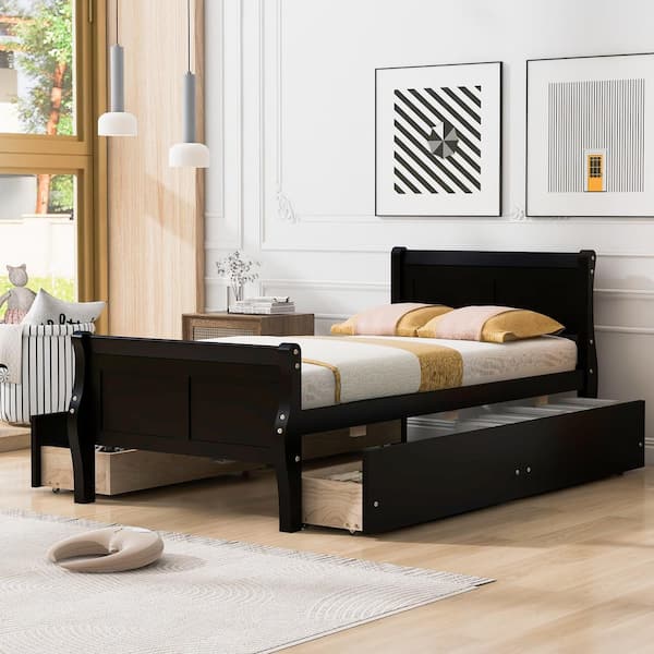Harper & Bright Designs Espresso(Brown) Wood Frame Twin Size Platform Bed with 4 Storage Drawers on Each Side