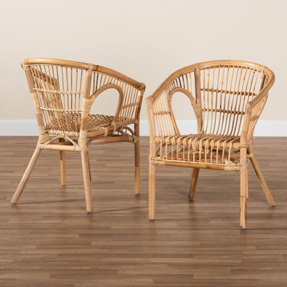 Natural Brown Rattan Slat Back Arm Chair Set