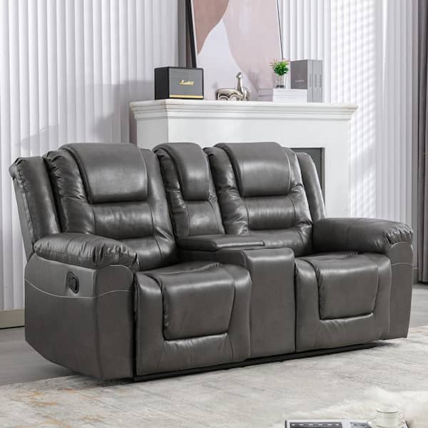 Polibi 73.2 in. W Gray PU Leather 2-Seat Straight Loveseat, Home Theater Seating Manual Recliner