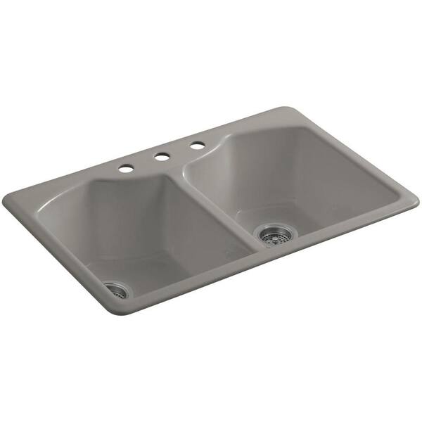 KOHLER Bellegrove Drop-In Cast-Iron 33 in. 3-Hole Double Bowl Kitchen Sink with Accessories in Cashmere