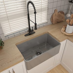 Matte Gray Fireclay 30 in. Single Bowl Farmhouse Apron Workstation Kitchen Sink with Bottom Grid and Strainer