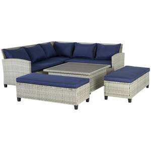 6-Piece Gray Wicker Outdoor Sectional Set and Coffee Table with Blue Cushions