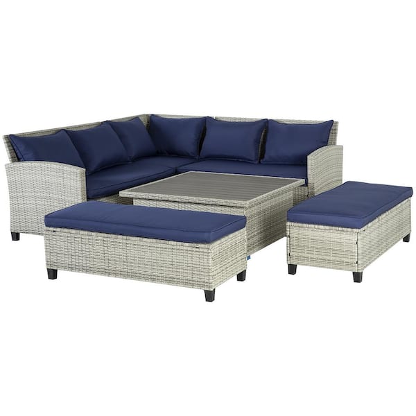 Sudzendf 6-Piece Gray Wicker Outdoor Sectional Set and Coffee Table with Blue Cushions